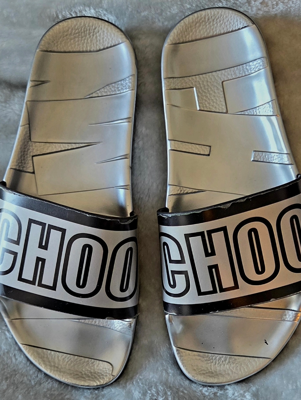 Jimmy Choo Silver Black Logo Slide Sandals